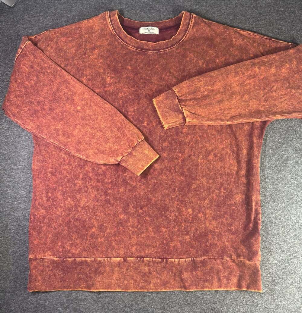 Zenana Mineral Wash Acid Wash Pullover Sweatshirt Rust Brown XL